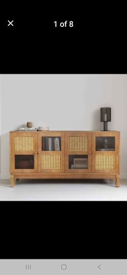 Rattan Sideboard Cabinet – Modern Buffet Storage Console (Natural Wood)