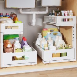 Set of 2 Metal Adjustable Height Under Sink Storage Organizer Pull Out Shelves New Condition 