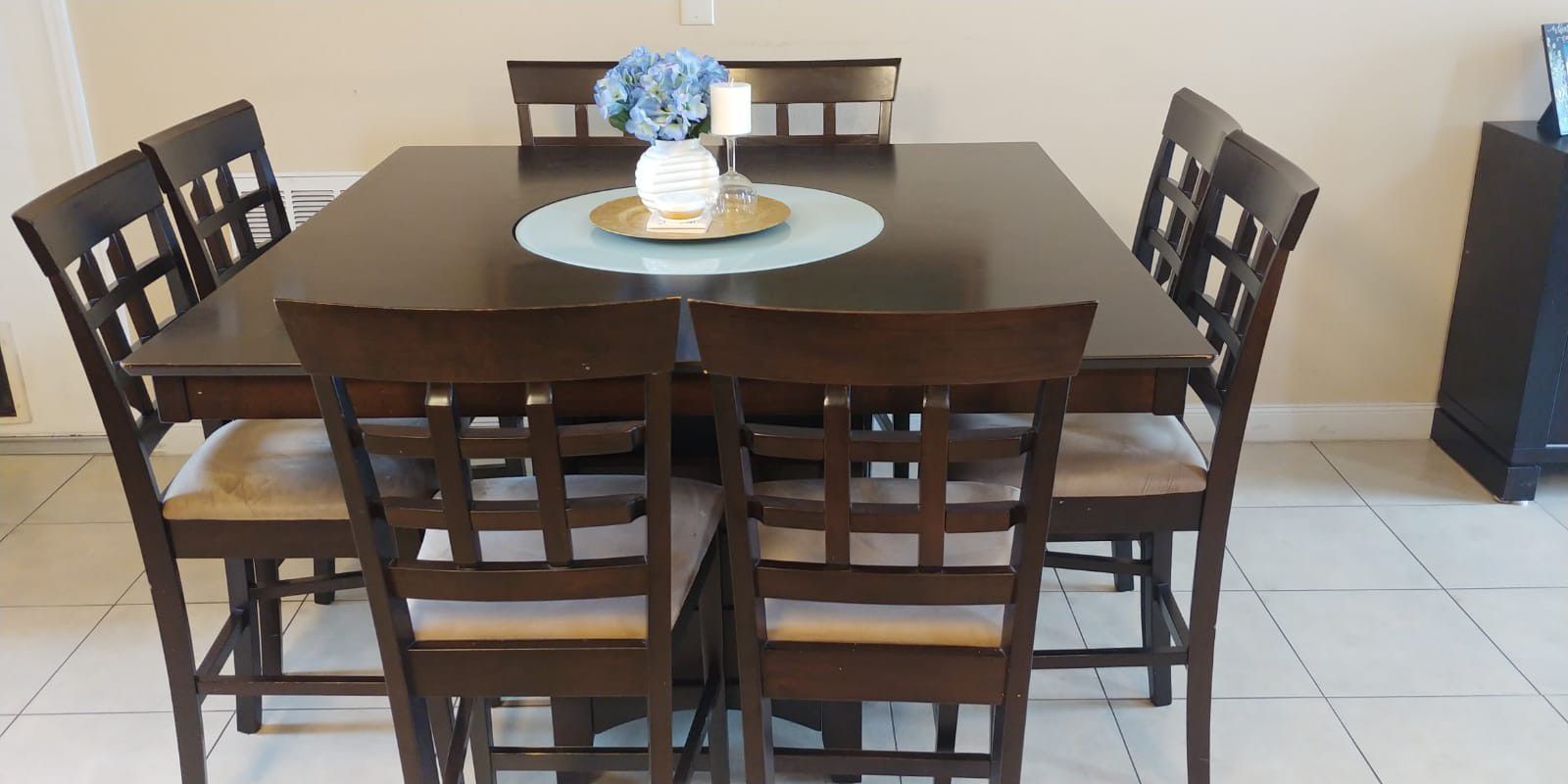 Counter height square dining table with 8 chairs