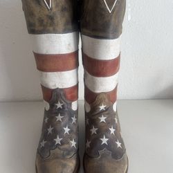 Women’s Roper Americana Brown American Flag Square To Leather Cowboy Boots Size 7