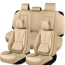 Car Seat Covers Full Set,Leather Waterproof Car Seat Cover,Airbag Compatible,Breathable Design,Suitable for Car,Truck,SUV (Beige)