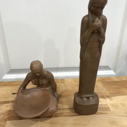 2 Vintage Frankoma Rubbed Bisque Indian Maiden Figurines