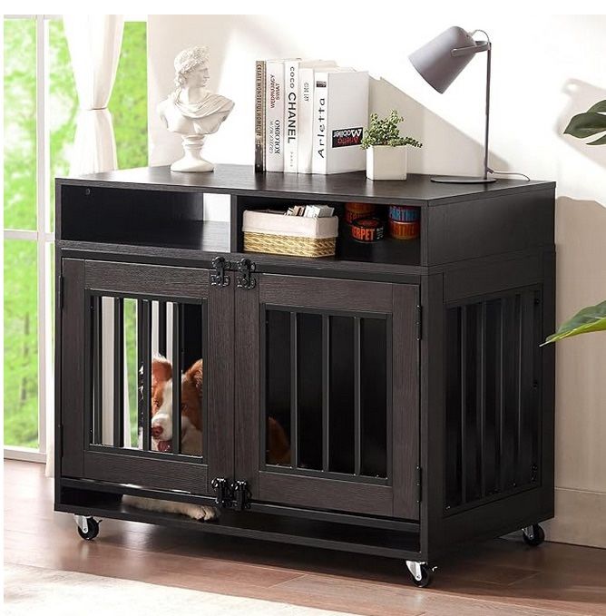 Dog Crate Furniture, Wooden Dog Crate Table, Decorative Dog Kennel with 2 Drawers, Decorative Pet House End Table, Wooden Cage Kennel Furniture Indoor