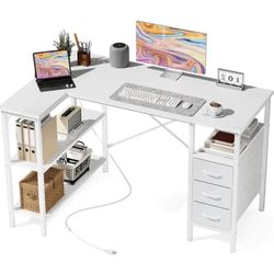 47" L Shaped Computer Gaming Desk with 3 Drawers, Power Outlets, USB Ports, Monitor Stand