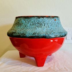 vibtage blue and red lava glaze planter mcm