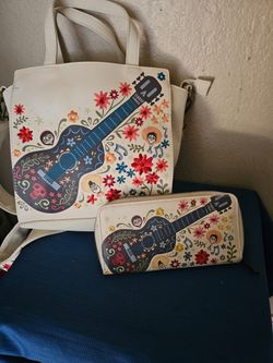 Loungefly Disney Pixar Coco Floral Guitar Crossbody Bag and wallet