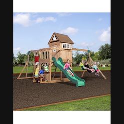 Backyard Discovery Montpelier Cedar Wood Swing Set with Wave Slide,Clubhouse, Monkey Bars, Picnic Area, Snack Bar, Belt Swings, Trapeze, Balcony, Play