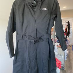 The North Face Long Rain Jacket with Hidden Hoodie  under Collar with self fabric belt 