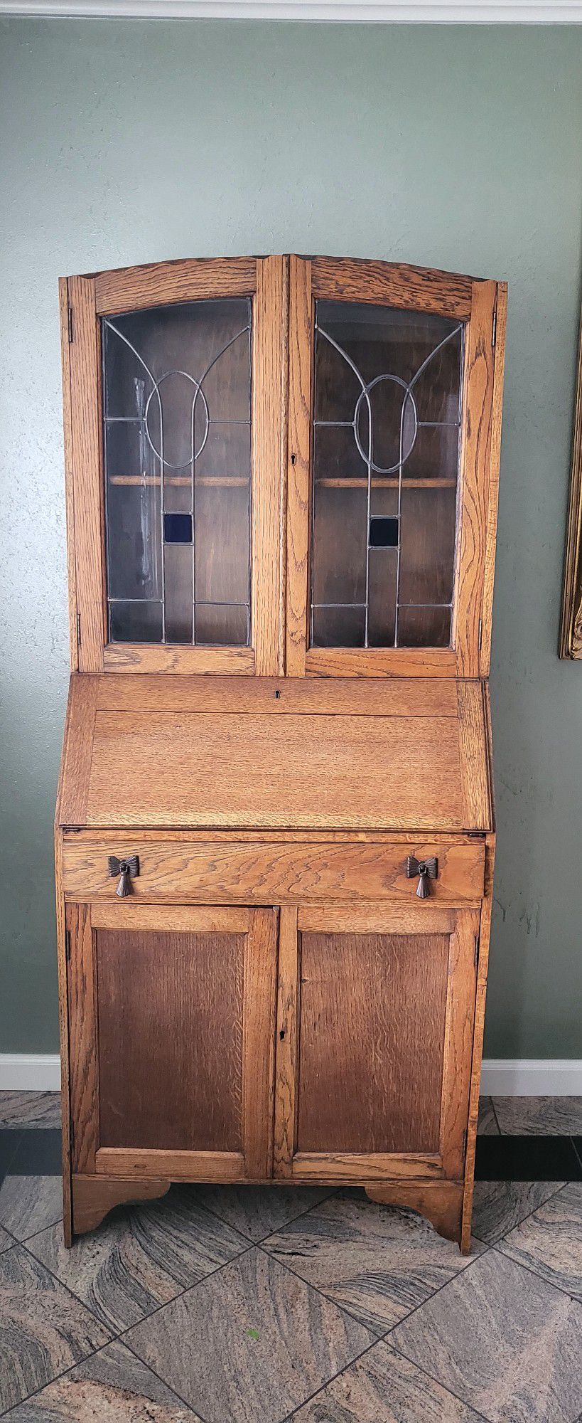 Antique Vintage Secretary Wall Desk With Display Hutch Storage Cabinet 