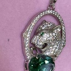 New, Custom Made, Sterling Silver Pave Cougar Profile Pendant with a 13x10mm Green diopside with an 18inch SS chain. 