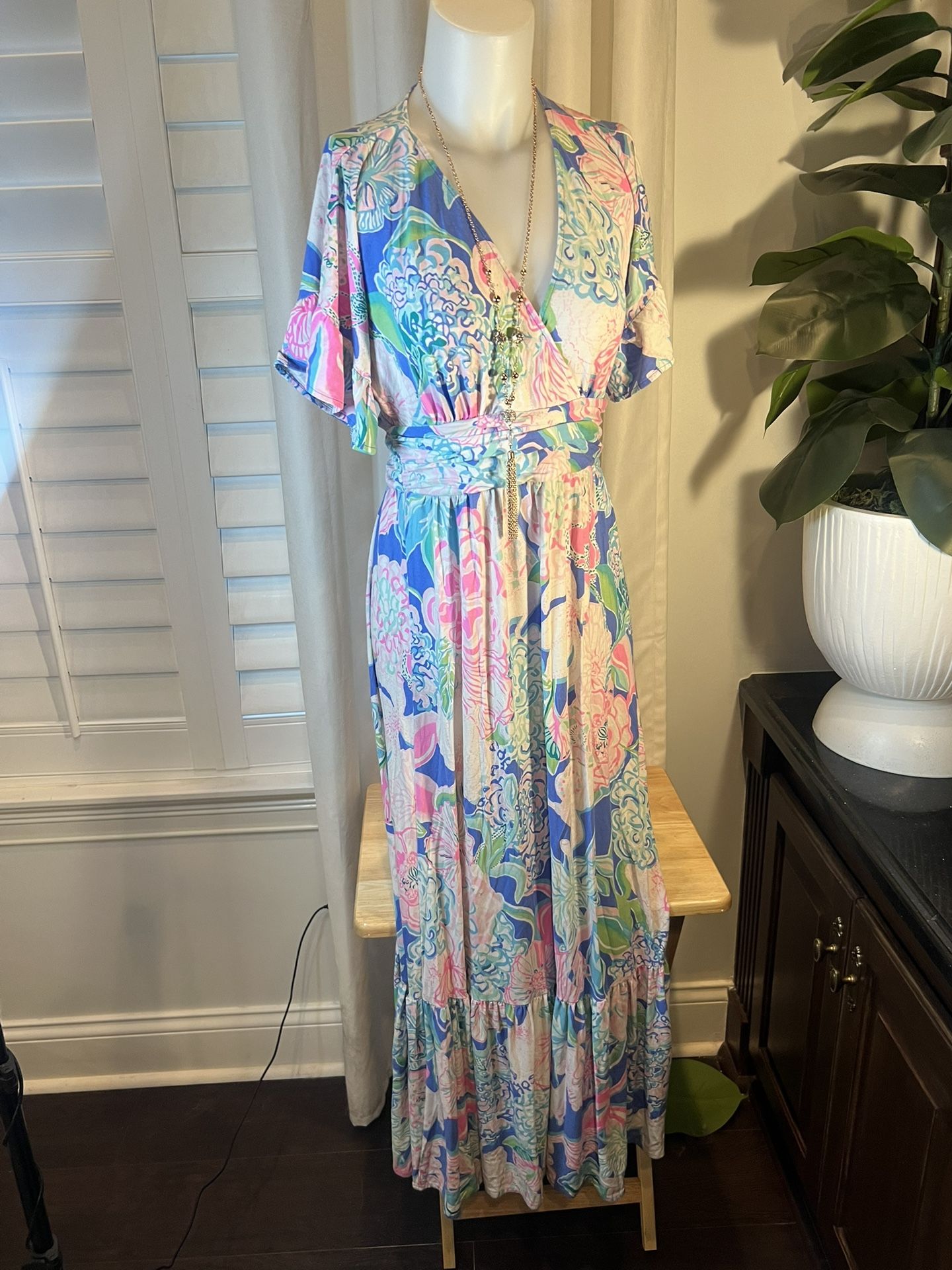 Lilly Pulitzer Pink and Blue Flutter Sleeve Maxi Sundress bottom layer ruffle