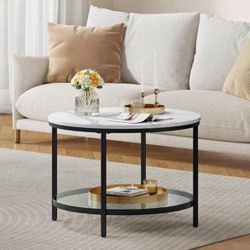 Round Coffee Table, Small Coffee Table with Faux Marble Top and Glass Storage Shelf, 2-Tier Circle Coffee Table, Modern Center Table for L