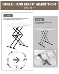 Folding Table 2-Second One-Hand Height Adjustment, 3 Settings, Ultra-Thin 3.2" Fold, No Assembly, TV Tray Laptop Desk 28 inch, 2-Pack, White Zeta X1 P