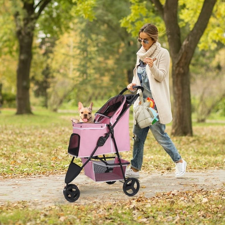 3 Wheels Foldable Pet Strollers with Storage Basket and Cup Holder for Small and Medium Cats, Dogs, Puppies