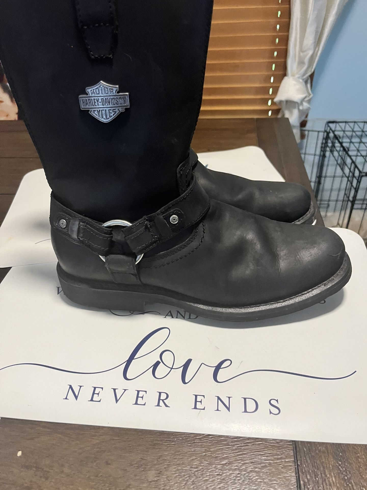 Harley Davidson, black leather boots