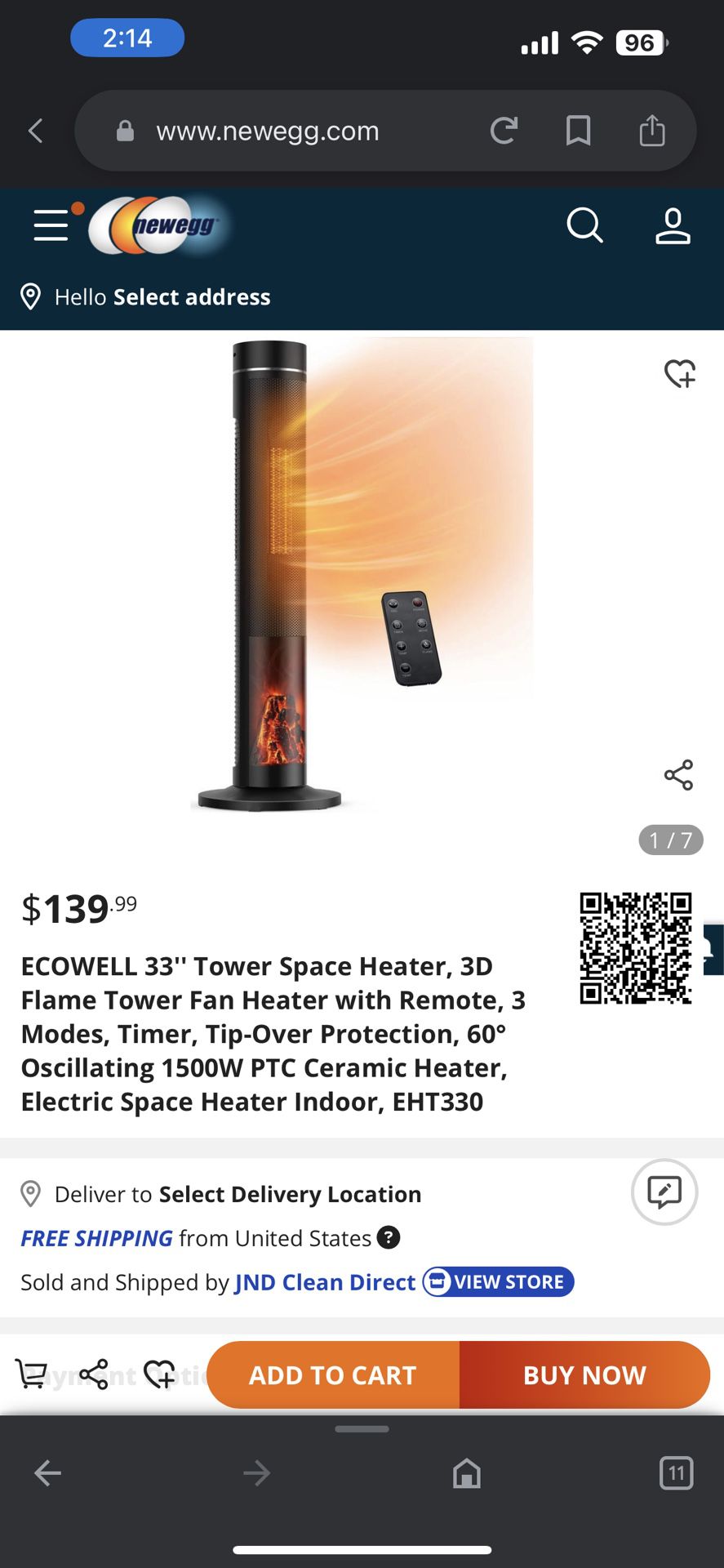33” Tower Space Heater 3D Flame Tower Fan Heater