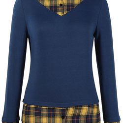 Size (s) Women's Casual Collared Curved Hem 2 in 1 Pullover Tops Plaid Contrast Shirt Blouse Yellow