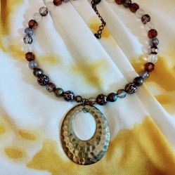 Hammered Bronze Oval With Earth Tones Beads Choker