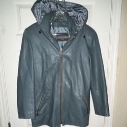 100% Leather Boutique of Leathers Blue Jacket  Women's Hooded Zip Mid-Length M Solid Casual
