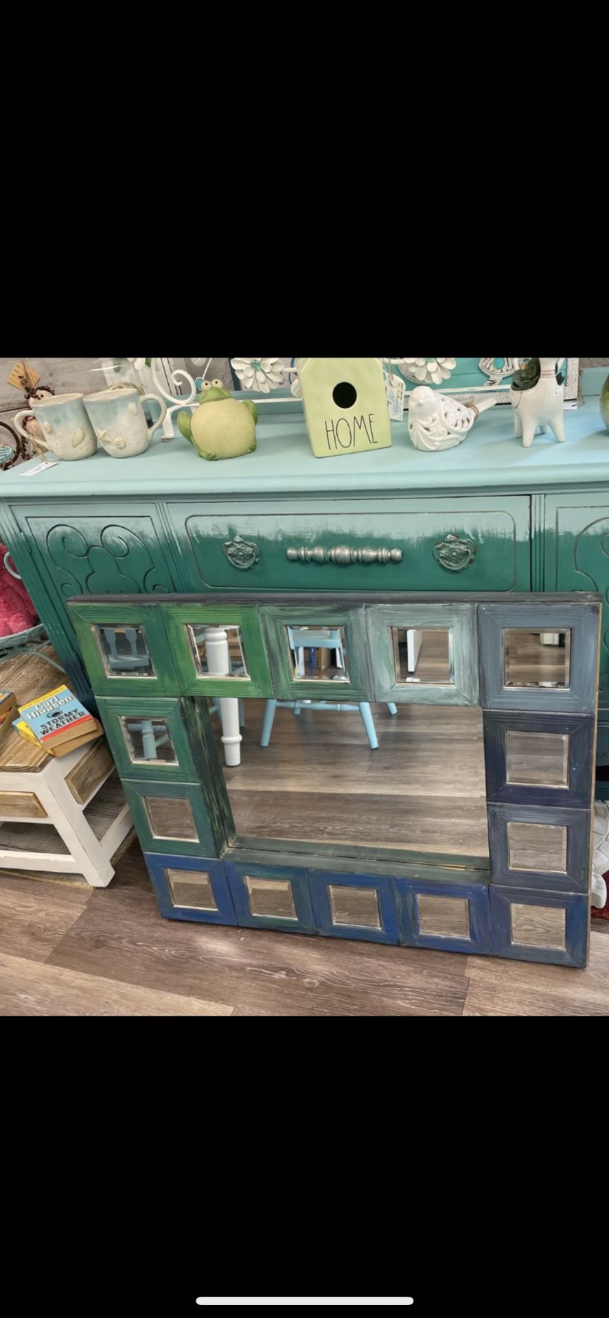 Beautiful Large Mirror, Multicolor Green Blue Solid Wood