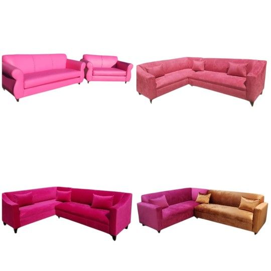 NEW 7FT SOFA AND LOVESEAT SET. 7X9FT SECTIONAL COUCHES. PINK LEATHER VELVET PINK, DUSTY ROSE , ORANGE FABRIC Sofas./ More Color Fabric Available