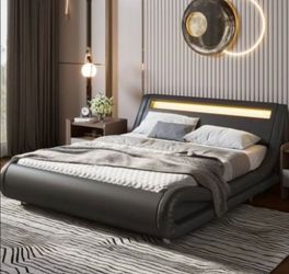 LED Queen Sleigh Leather Bed Frame