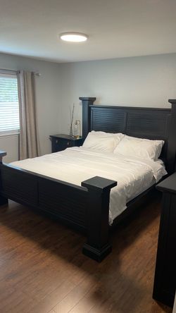 Black Wood King Poster Bed Frame w/ side tables & armoire