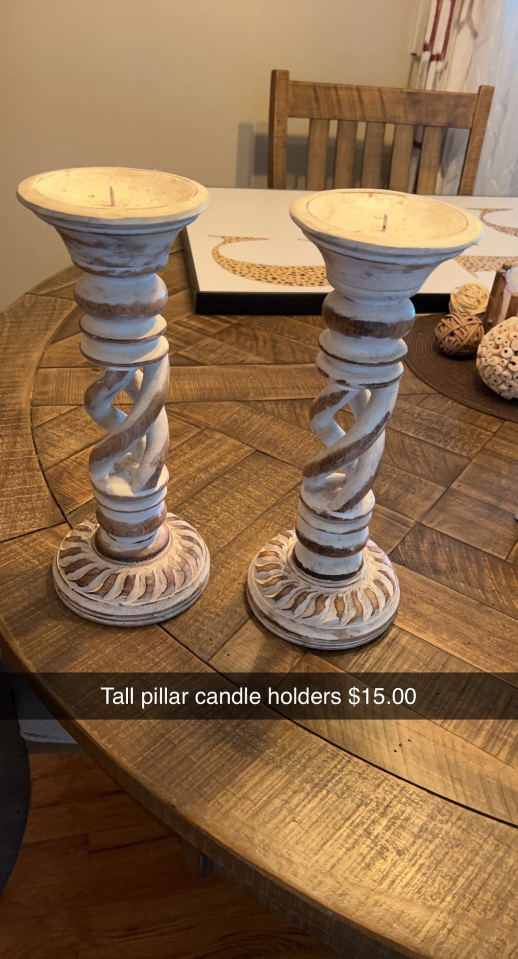 Tall White Washed Candle Pillar Holders