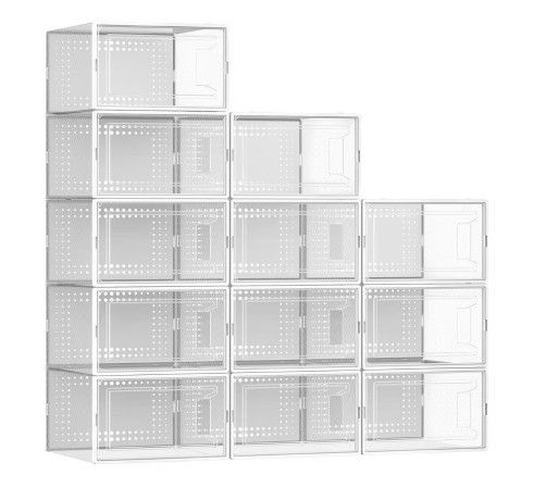 Secret Space 12 Pack X Large Shoe Organizer Storage Boxes for Closet, Modular Space Saving Shoe Boxes Clear Plastic Stackable Sneaker Containers Displ