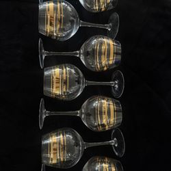 Set of 7  Clear Glass Wine Glasses with Gold Stripe Decorated Design