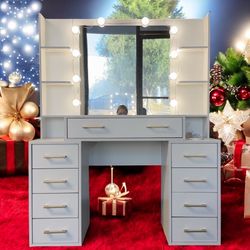 Large Vanity Desk with Mirror, Charging Station, LED Lights and Glass Top Table Set, White