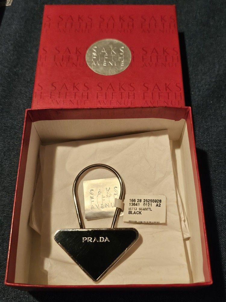PRADA triangular pendant keychain, black x silver, made in Italy!