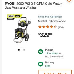 Ryobi Pressure Washer 2900psi New Open Box Works Great 