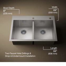 Decree Drop-in or undermount 33-in x 22-in Stainless steel Double equal bowl 18 -Gauge Kitchen Sink