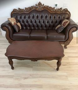 Victorian Tufted Leather Sofa with Coffee Table-Antique Style