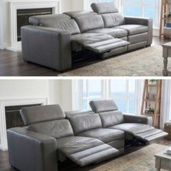 Genuine Leather Power Reclining Sofa with Adjustable Headrests
