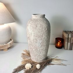 Minimalist Textured Hand-painted Ceramic Vase 17.5" tall - Cream Sand wash (Model A)