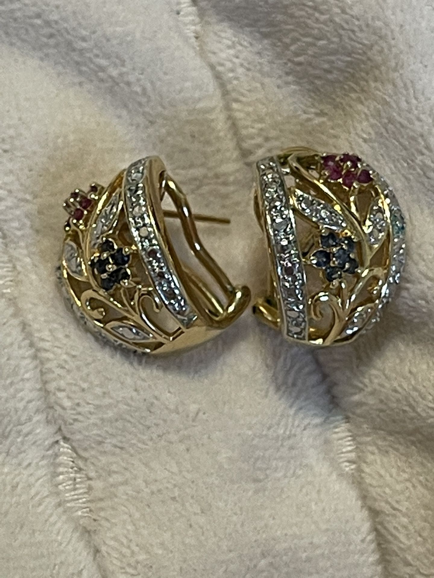 Gold Toned Diamond Chip And Ruby Earrings