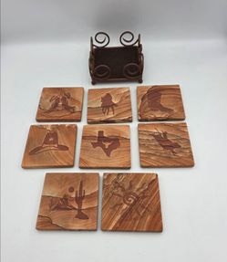 King Ranch Engraved Sanded Tile Coaster Set with Holder Western Horses Texas 9pc