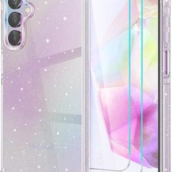  for Samsung Galaxy A35 5G Case Glitter with 2 Pack Screen Protector, Clear Glittering Bling Cute Soft TPU Silicone Phone Case Sho