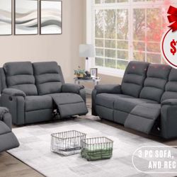 3 Pc Sofa , Loveseat And Recliner No Credit Needed $10 Down 
