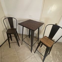 Wood Metal Table With 2 Chairs 
