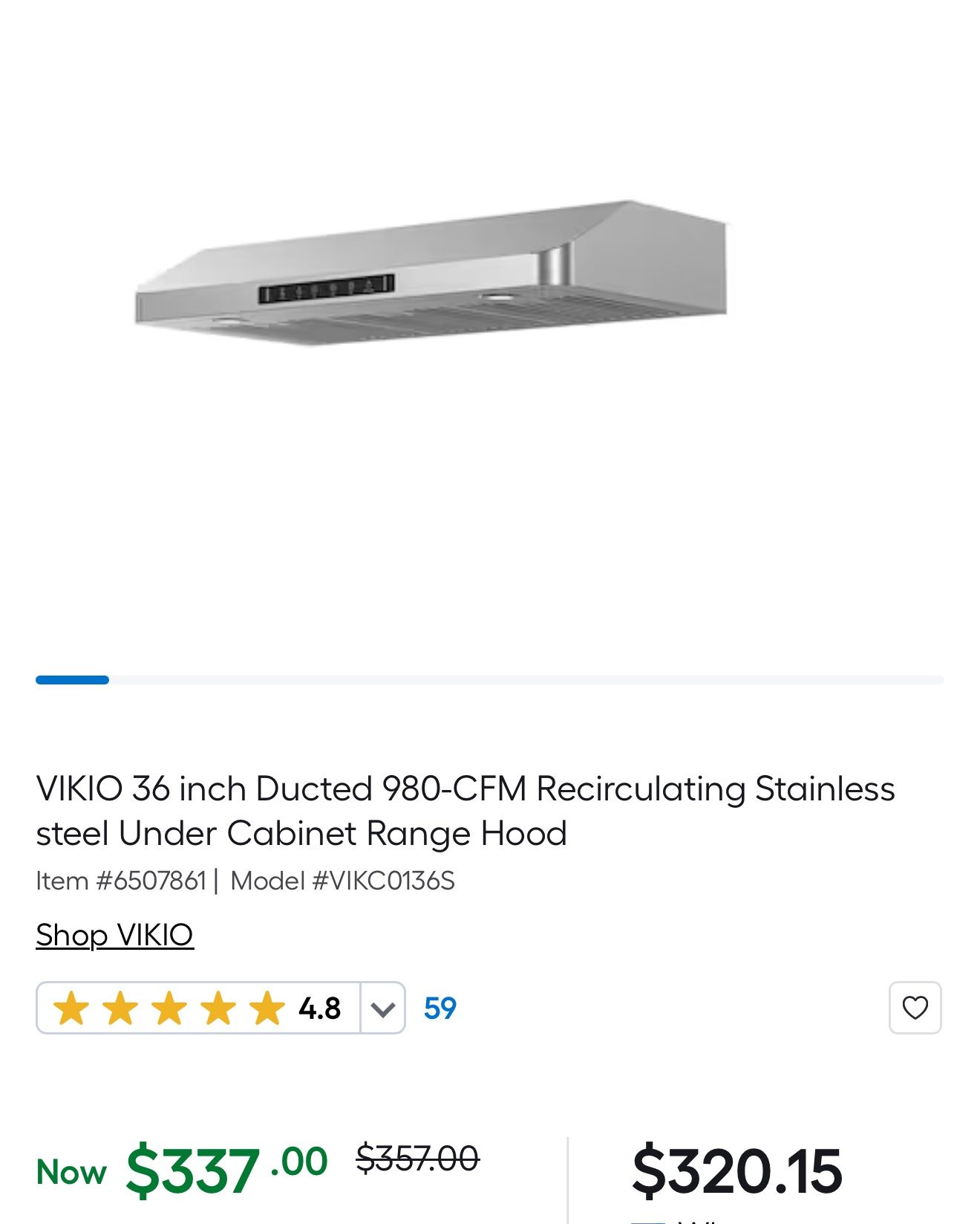 VIKIO 36” Ducted 980-CFM Recirculating Stainless Steel Under Cabinet Range Hood