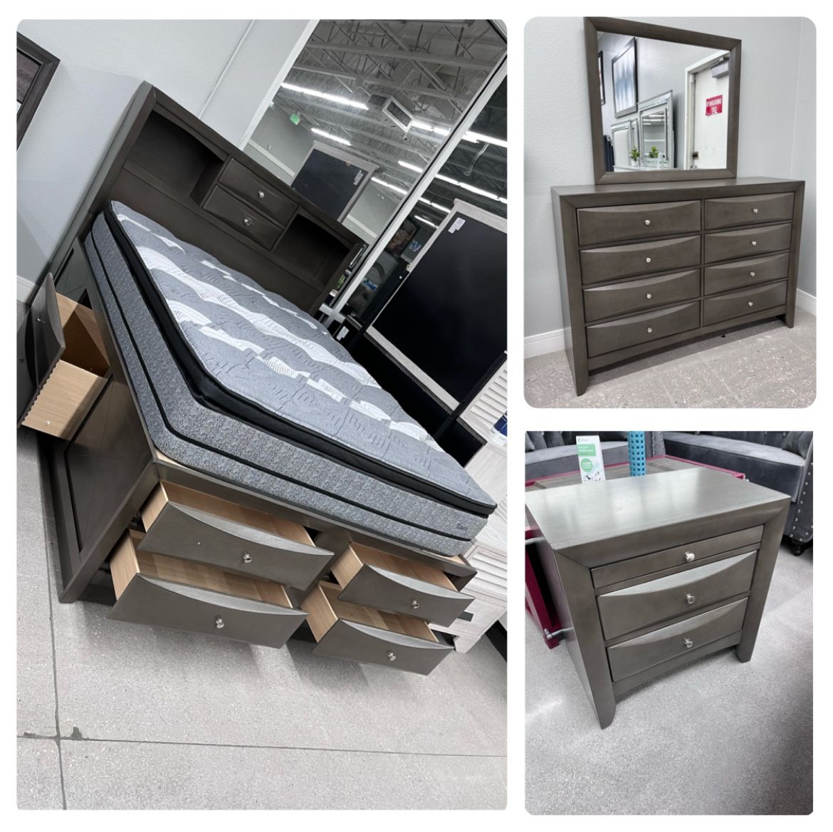 Queen Storage Bed In Grey Color With 8 Drawers, Dresser Mirror And 1n/s