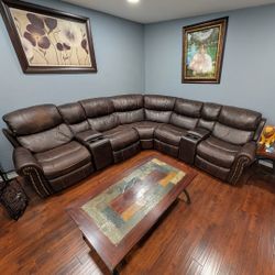 Brown Leather Recliner Sectional Couch 