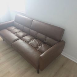 Brown Faux Leather Futon Sofa Bed with Box Tufting  