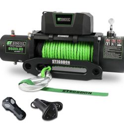 STEGODON Winch 9500lb Winch 12V Waterproof Electric Winch Synthetic Rope Winch With Wireless Remote And Corded Control For Truck SUV Jeep Wrangle (Gre