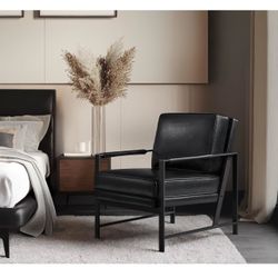 PU Leather Armchair, Retro Leisure Accent Chair with Extra Soft Padded and Cushion, Modern Reading Arm Chair with Black Metal Frame for Living Room/Of