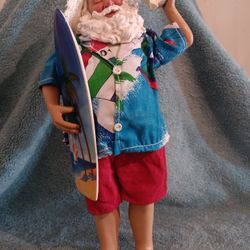 Vintage Surfing Santa 11" Tall With Surf Board,  Shell, Beach Hat, Sunglasses 