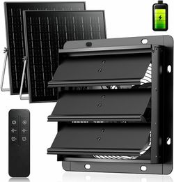 Solar Exhaust Fan for Shed, Greenhouse with Dual Solar Panel & Battery Strong Airflow, Dual 25W Solar Panels, Built-in Rechargeable Battery, 12-Speed 